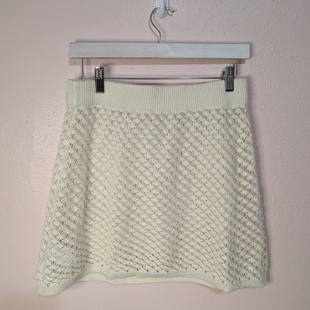 ⭐Open Knit A-Line Mini Skirt Cream Yellow Beige Size Large⭐ - Picture 6 of 7